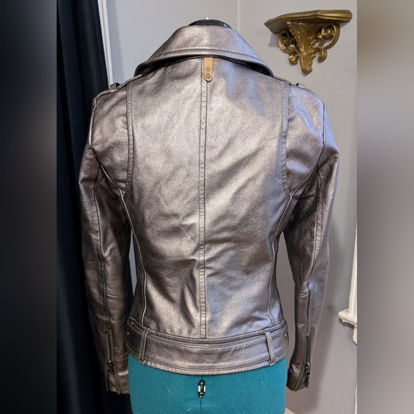 Mackage pewter metallic genuine lamb leather biker jacket, XXS/XS - Picture 5 of 12